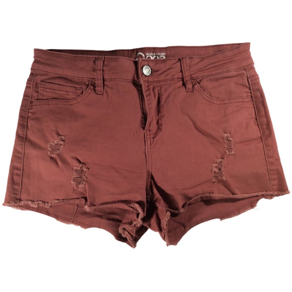 Burgundy Distressed Denim Short w/ Frayed Hem